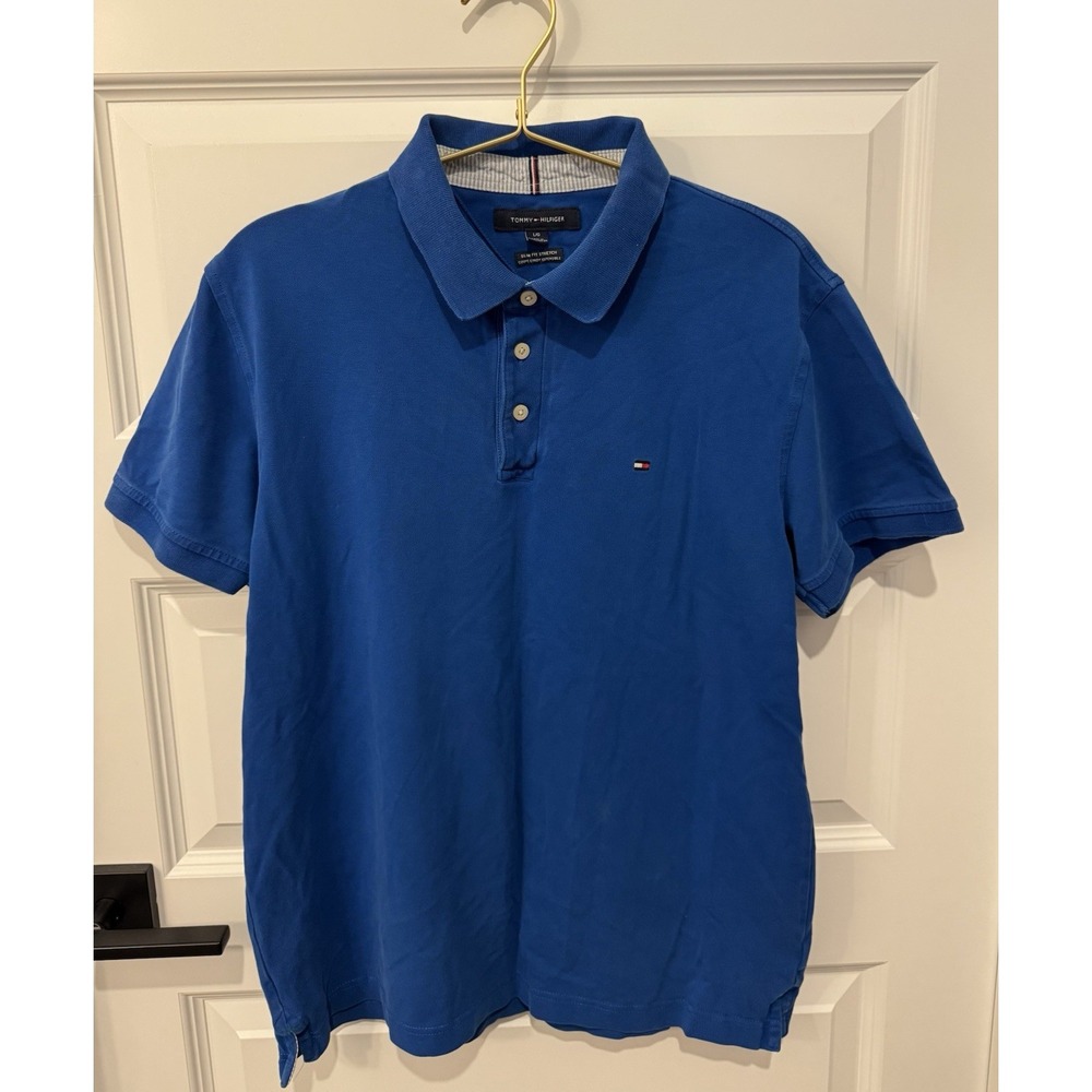TOMMY HILFIGER Boys Short Sleeve Polo Shirt Royal Blue Size Large L 12 14 Preppy